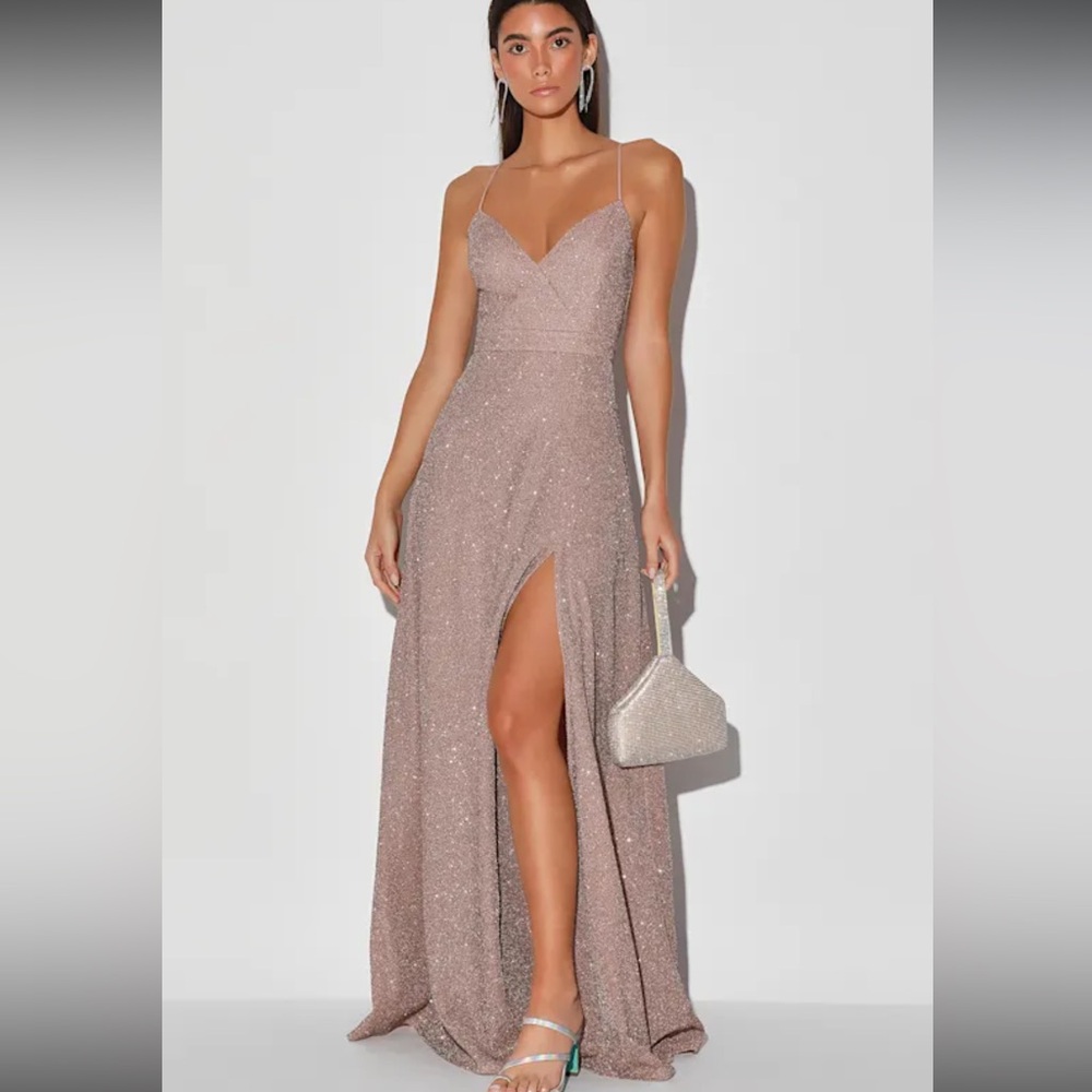 Lulus Multi Mauve Glitter Truly Dazzling Sleeveless Sultry FrontSlit Gown NWOT M